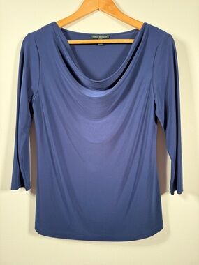 Harve Benard Slate Blue Cowl Neck Top - Draped 3/4 Sleeve Stretch Blouse Sz M